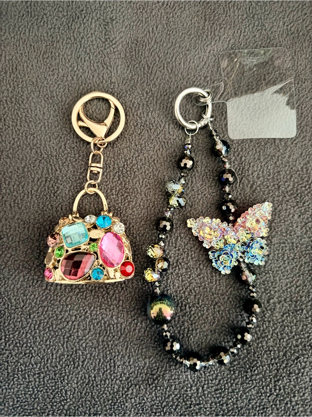 Multicolor Jeweled Metal Purse Keychain & Black Beaded Butterfly Charm